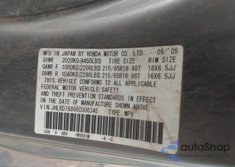 2006 Honda Cr-V Ex from USA, damaged, VIN JHLRD78866C006345